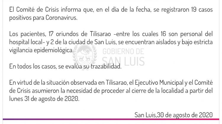 Este domingo se registraron 19 nuevos casos de coronavirus en San Luis y desde el lunes se cierra el ingreso y egreso a Tilisarao