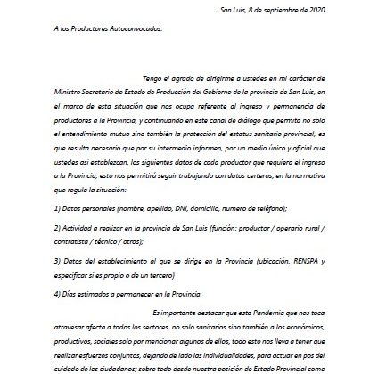 Carta del Ministerio de Producción a los productores autoconvocados