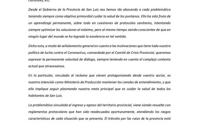 Carta del Ministerio de Producción a productores autoconvocados