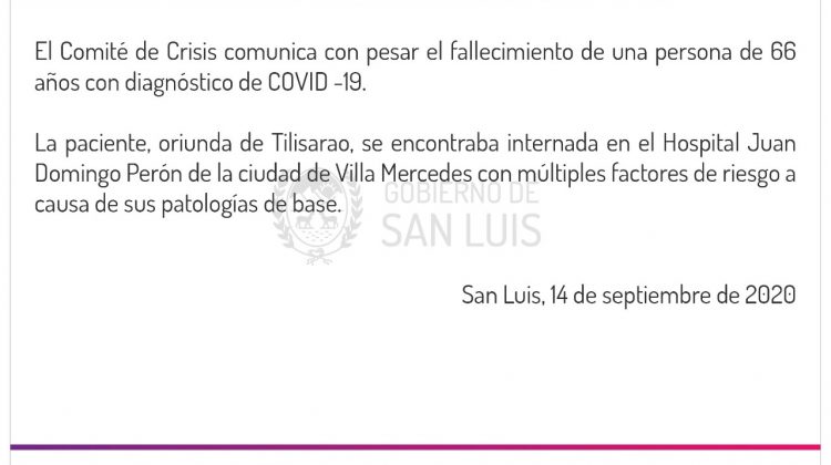 El Comité de Crisis comunicó un fallecimiento por coronavirus