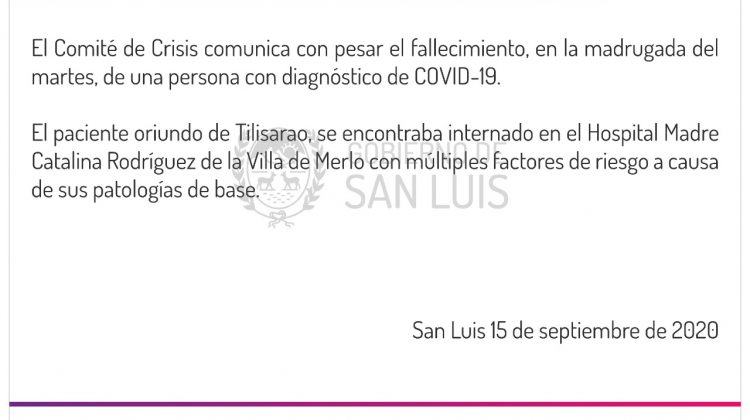 El Comité de Crisis informó el fallecimiento de una persona por coronavirus en San Luis