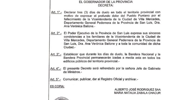 El gobernador decretó tres días de duelo en todo el territorio sanluiseño