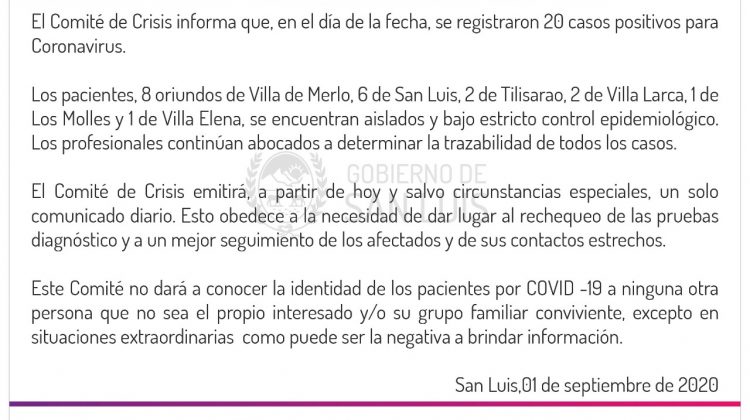 Confirmaron 20 nuevos casos de Coronavirus en la provincia