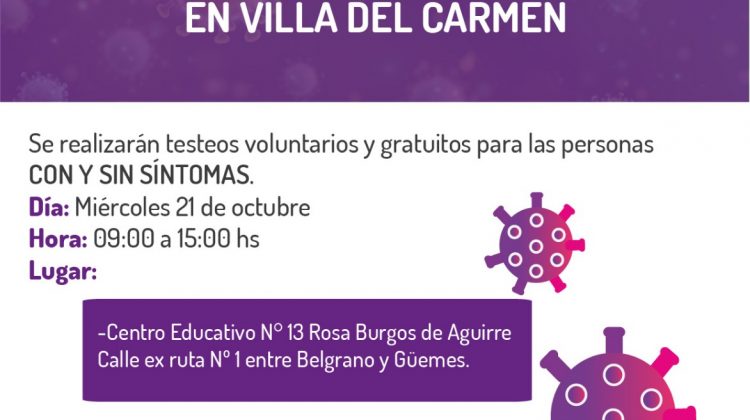 Realizarán un operativo de asesoramiento y testeo en Villa del Carmen