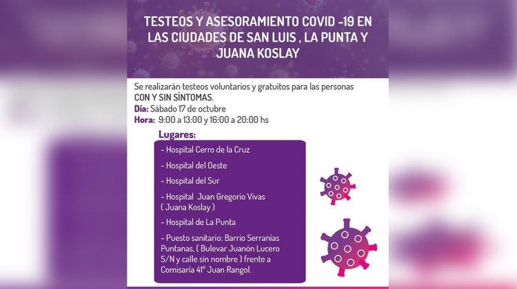 Este sábado realizarán un operativo de asesoramiento y testeo voluntario gratuito en San Luis, La Punta y Juana Koslay