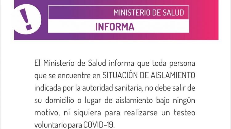 Solicitan respetar los aislamientos establecidos por Salud