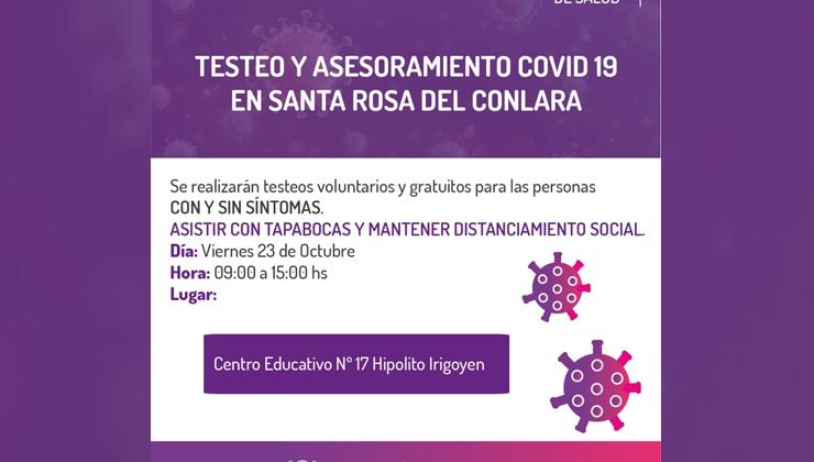 Este viernes realizarán testeos voluntarios por COVID-19 en Santa Rosa del Conlara