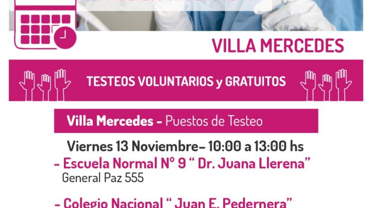 Realizan hoy testeos masivos y voluntarios en Villa Mercedes