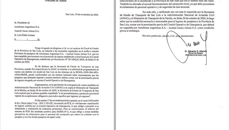 San Luis le reiteró a Aerolíneas Argentinas que cumpla con el control de los permisos de ingreso a la provincia