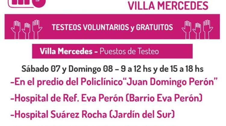 Realizarán testeos voluntarios y gratuitos durante sábado y domingo en Villa Mercedes