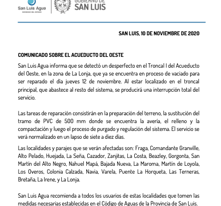 San Luis Agua detectó un desperfecto en el Acueducto del Oeste