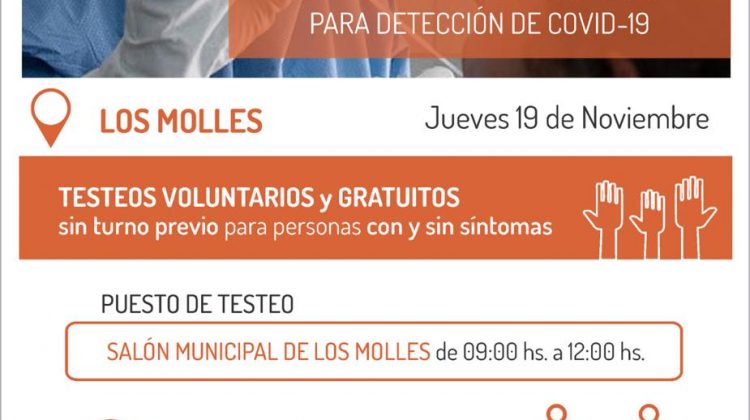 Este jueves habrá operativo de testeos en Los Molles