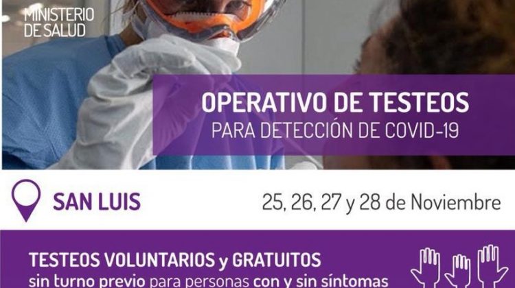 Realizarán una operativo de testeos en el centro de la ciudad de San Luis