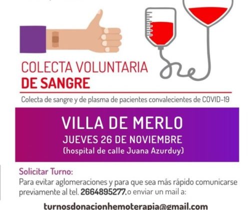 Este jueves se realizará una colecta voluntaria de sangre y de plasma en Merlo