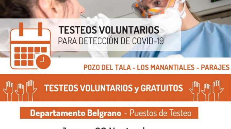 COVID-19: realizarán testeos en Los Manantiales y Pozo del Tala