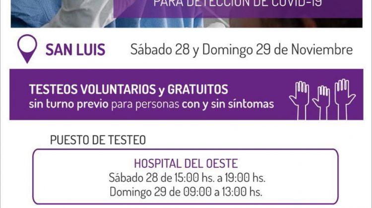 Ciudad de San Luis: este sábado y domingo habrá un operativo de testeos en el Hospital del Oeste