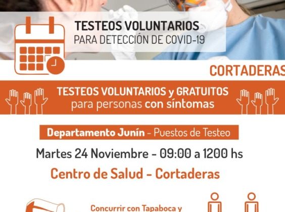 Este martes se realizarán testeos masivos en Cortaderas