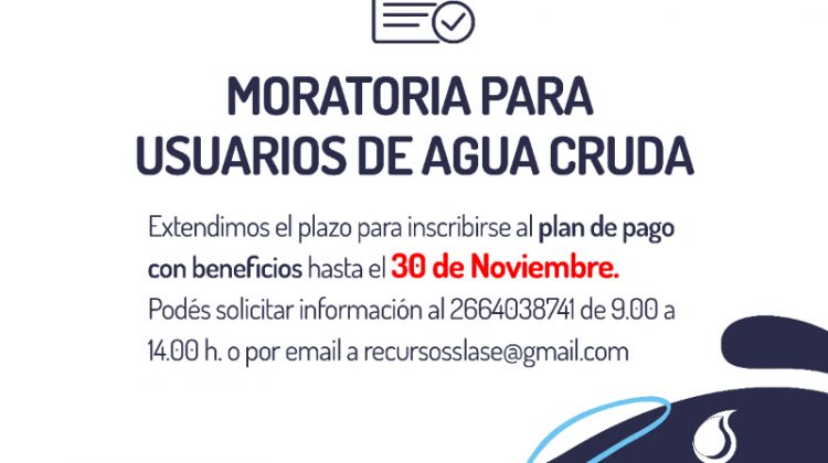 San Luis Agua extendió la moratoria para usuarios de agua cruda hasta el 30 de noviembre