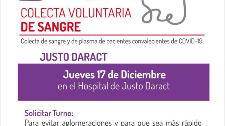 Este jueves en Justo Daract se realizará una colecta voluntaria de sangre y plasma