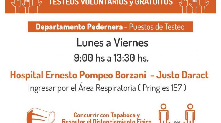 Coronavirus: establecen un puesto de testeos voluntarios en Justo Daract