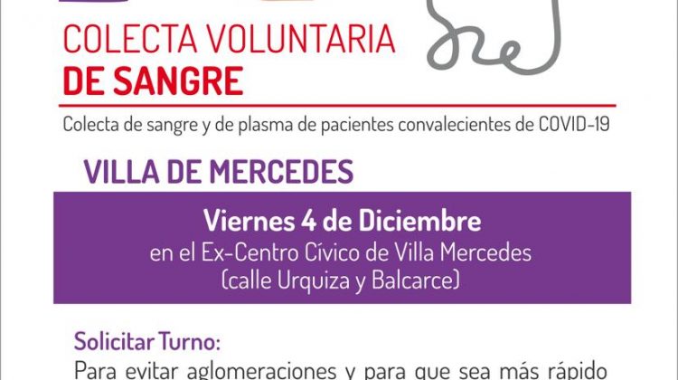 Este viernes se realizará una colecta voluntaria de sangre y plasma en Villa Mercedes