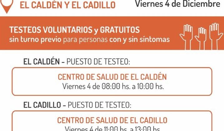 Coronavirus: realizarán testeos en El Caldén y El Cadillo