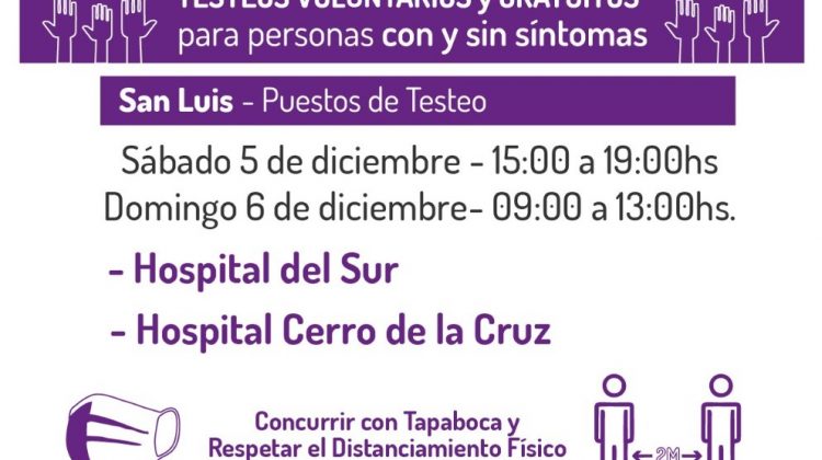 Este fin de semana harán un nuevo operativo de testeos en la ciudad de San Luis