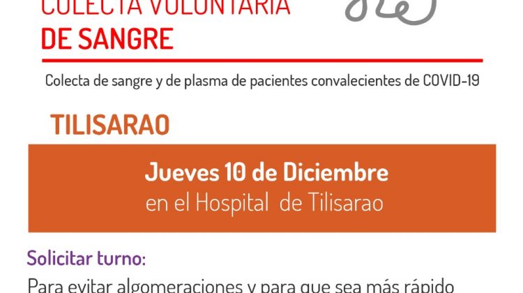 Este jueves se realiza en Tilisarao una colecta voluntaria de sangre y plasma