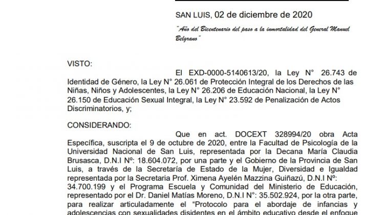 Aprobaron un protocolo que promueve el respeto a todas las identidades de género en ámbitos educativos de San Luis