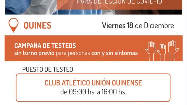 Este viernes habrá un operativo de testeos en Quines