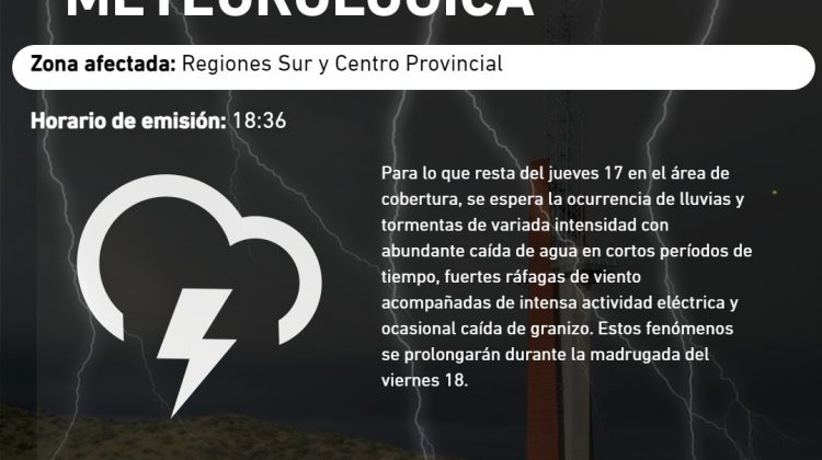 Alerta por tormentas fuertes en el sur y centro de provincia