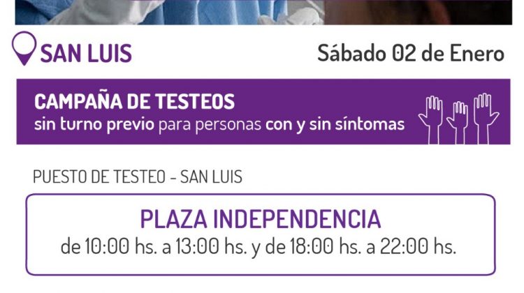 El sábado realizarán testeos para detección de COVID-19 en la Plaza Independencia de San Luis