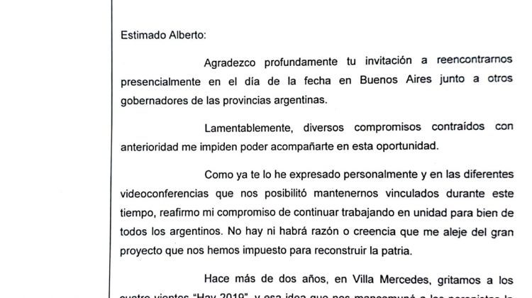 Ante la imposibilidad de participar de un acto con gobernadores, Alberto Rodríguez Saá le envió una carta al presidente Fernández