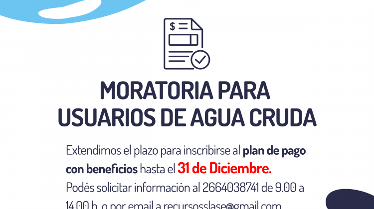 San Luis Agua extendió la moratoria para los usuarios de agua cruda