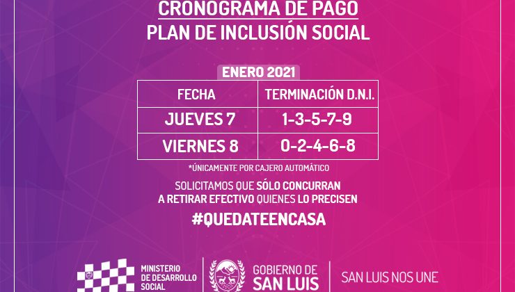 El jueves 7 y el viernes 8 de enero cobran los beneficiarios del Plan de Inclusión Social