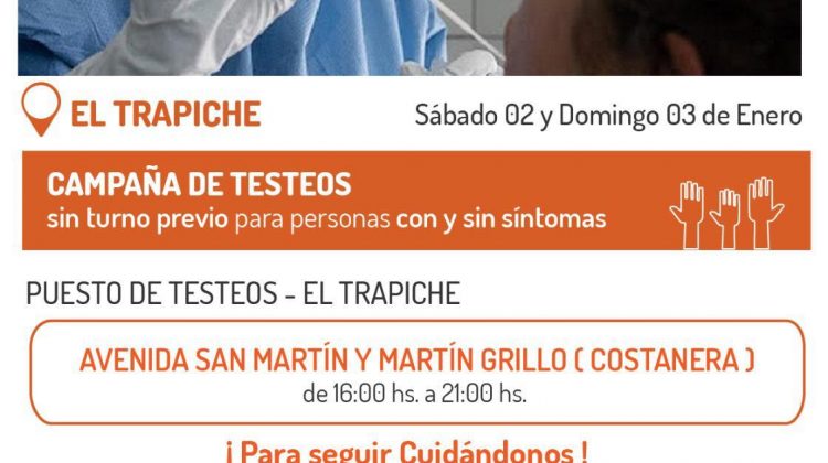 Este sábado y domingo realizarán testeos para detección de COVID-19 en El Trapiche