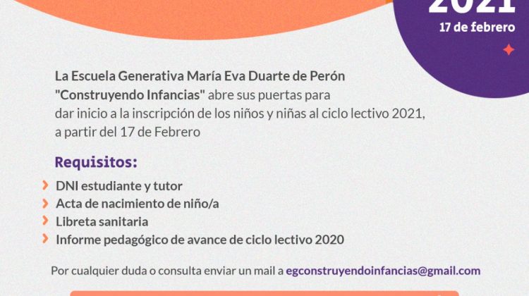 La nueva Escuela Generativa María Eva Duarte de Perón “Construyendo Infancias” abrió sus inscripciones