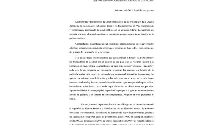 Ministros de Salud de toda la Argentina emitieron un pronunciamiento