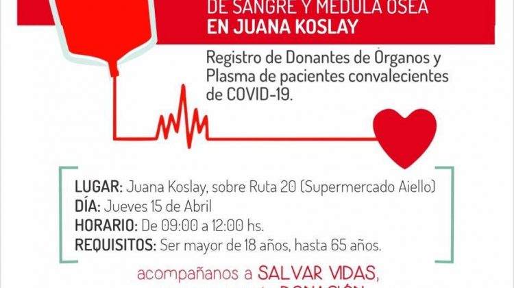 Realizarán una colecta voluntaria de sangre en Juana Koslay