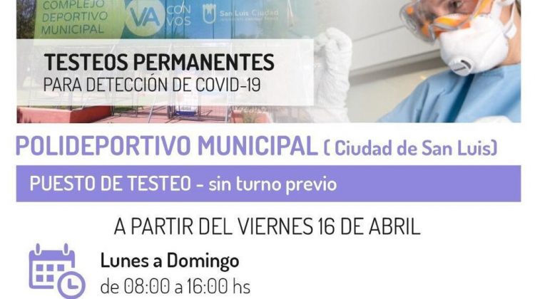 Trasladan el puesto de testeo del Hospital San Luis al Polideportivo Municipal