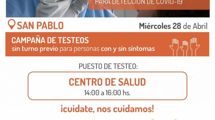 Este miércoles habrá testeos por COVID-19 en San Pablo y Leandro N. Alem