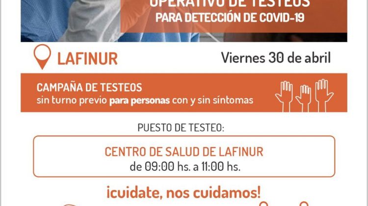 Este viernes habrá testeos por COVID-19 en Lafinur, Los Cajones y Las Palomas