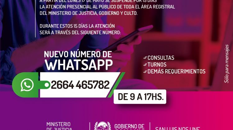 Habilitan el número de WhatsApp 266 4465782 para la atención de los registros