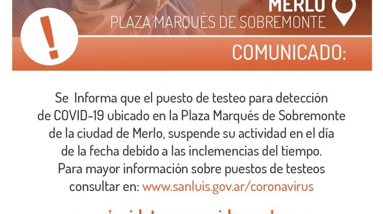 Suspenden los testeos previstos en Villa de Merlo por el mal tiempo