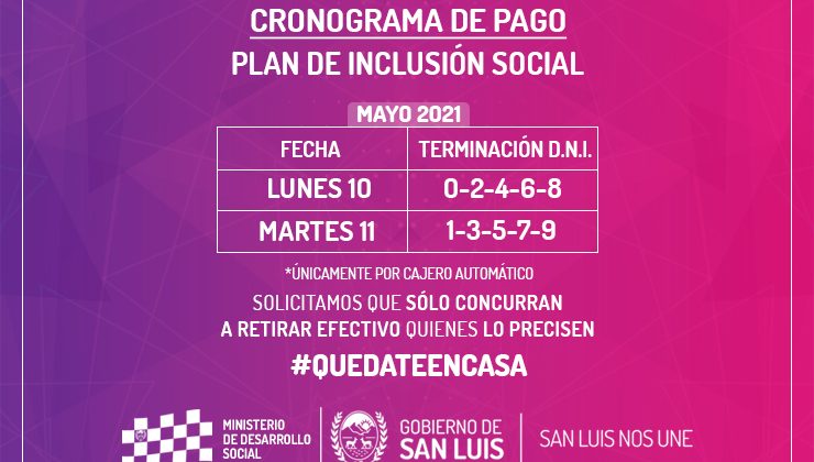 La próxima semana cobran los beneficiarios del Plan de Inclusión Social