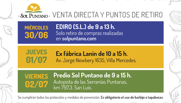 Llega otra semana con ventas directas y puntos de retiro de productos de Sol Puntano