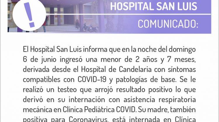 Comunicado del Hospital San Luis sobre una paciente pediátrica COVID