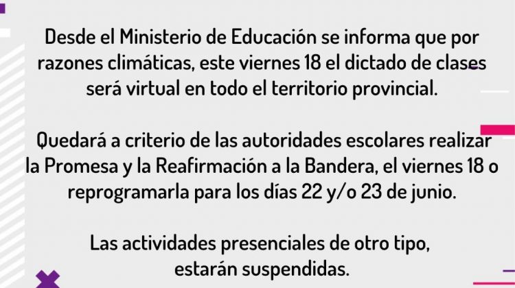 Por razones climáticas, este viernes el dictado de clases será virtual