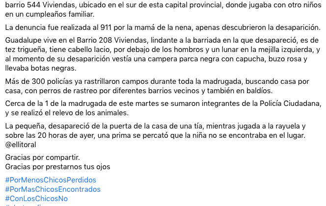 Missing Children Argentina publicó en sus redes el “Alerta Sofía” para dar con el paradero de Guadalupe