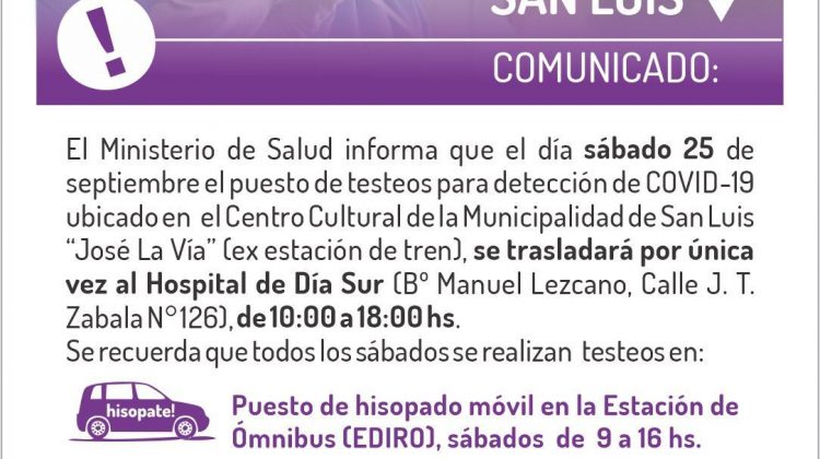 El puesto de testeos del Centro Cultural “José La Vía” se trasladará, por única vez, el sábado al Hospital de Día Sur